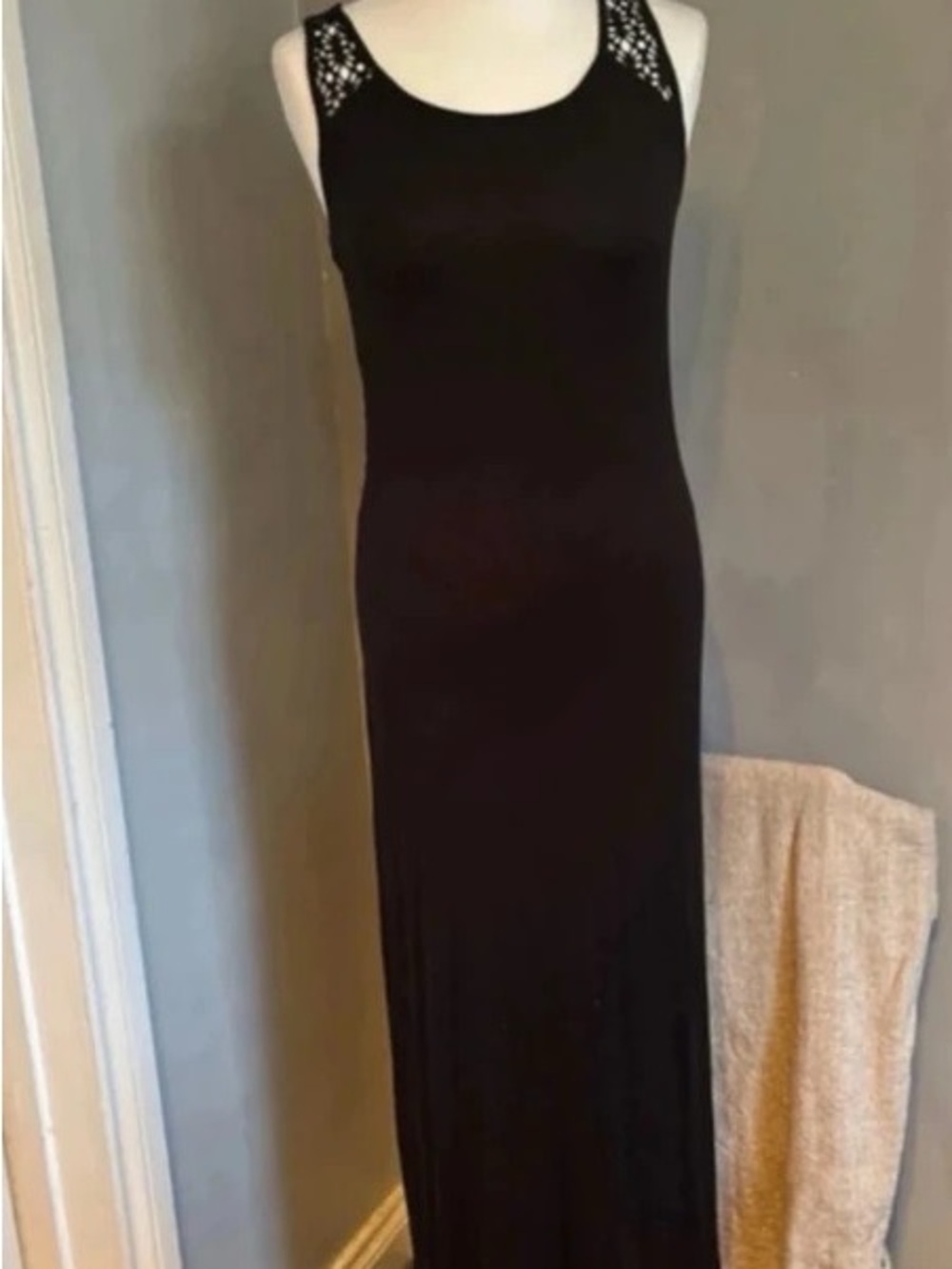 Black Sleeveless Maxi Dress with Lace Shoulder Detail